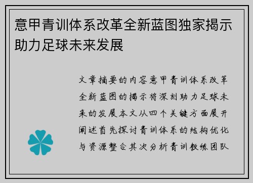 意甲青训体系改革全新蓝图独家揭示助力足球未来发展