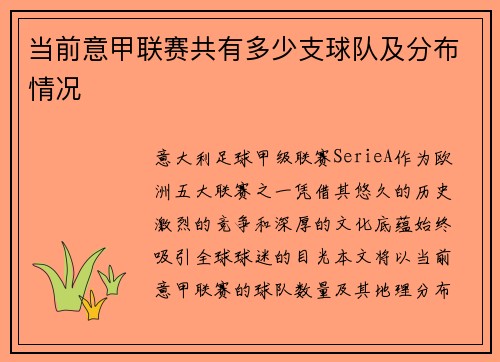 当前意甲联赛共有多少支球队及分布情况