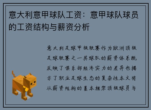 意大利意甲球队工资：意甲球队球员的工资结构与薪资分析