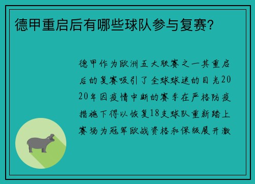 德甲重启后有哪些球队参与复赛？