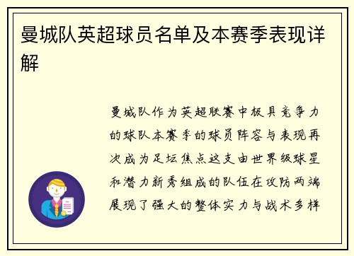 曼城队英超球员名单及本赛季表现详解